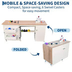 Folding Sewing Table with Storage, Large Sewing Machine Table with Shelves & Lockable Wheels, Multi-Functional Craft Desk for Home, Workroom