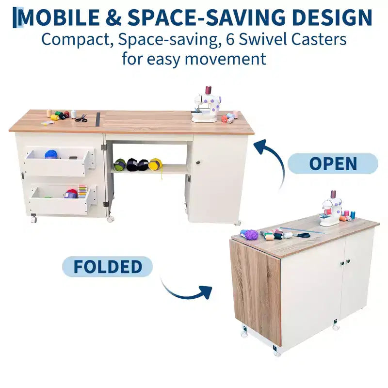Folding Sewing Table with Storage, Large Sewing Machine Table with Shelves & Lockable Wheels, Multi-Functional Craft Desk for Home, Workroom