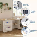 Folding Sewing Table with Storage, Large Sewing Machine Table with Shelves & Lockable Wheels, Multi-Functional Craft Desk for Home, Workroom