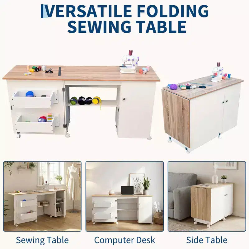 Folding Sewing Table with Storage, Large Sewing Machine Table with Shelves & Lockable Wheels, Multi-Functional Craft Desk for Home, Workroom