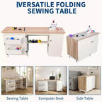 Folding Sewing Table with Storage, Large Sewing Machine Table with Shelves & Lockable Wheels, Multi-Functional Craft Desk for Home, Workroom
