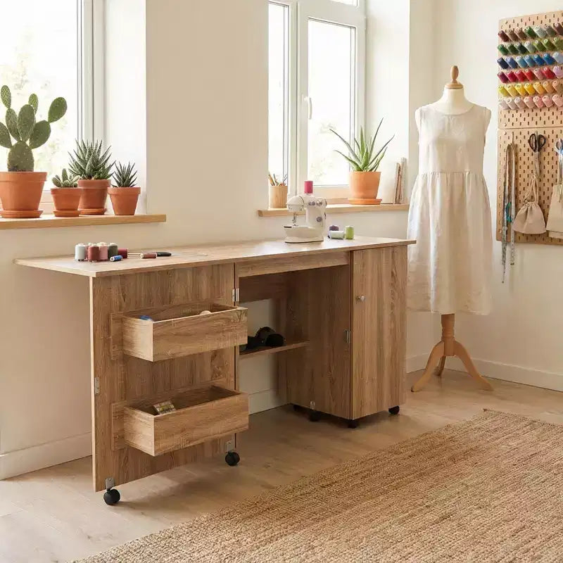 Folding Sewing Table with Storage, Large Sewing Machine Table with Shelves & Lockable Wheels, Multi-Functional Craft Desk for Home, Workroom