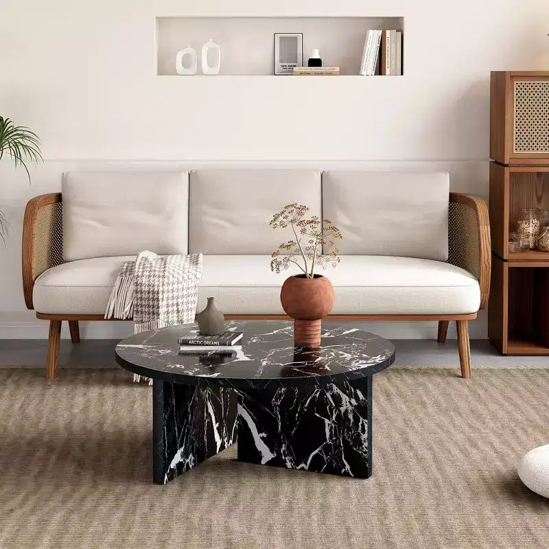 31.5 Black Round MDF Coffee Table, Modern Minimalist Nordic Scratch-Resistant Table for Living Room Office Bedroom