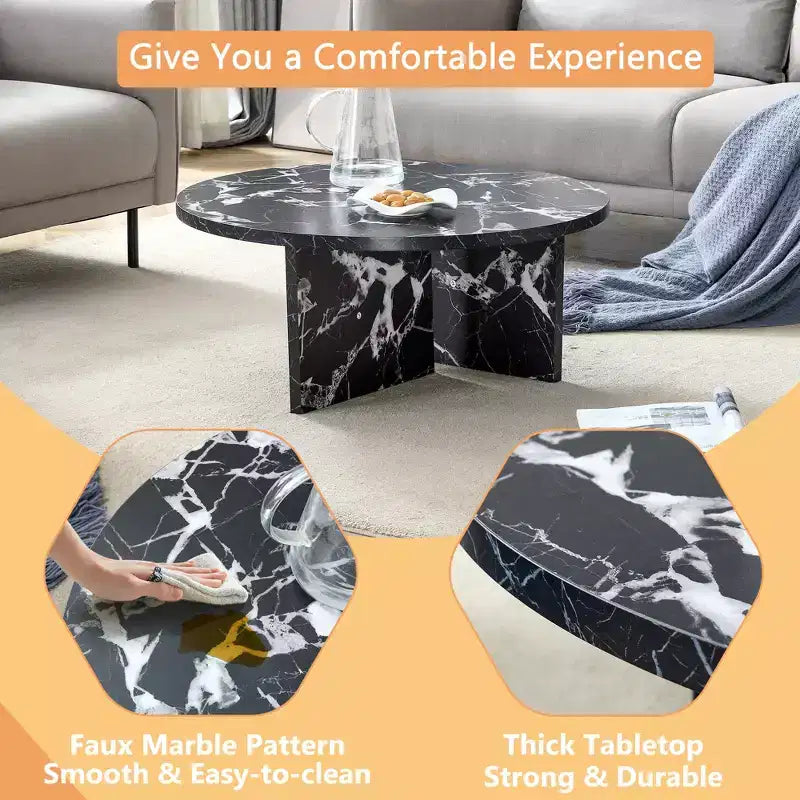 31.5 Black Round MDF Coffee Table, Modern Minimalist Nordic Scratch-Resistant Table for Living Room Office Bedroom
