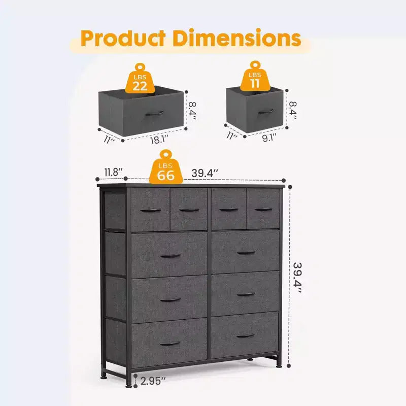 JIONJOY 10-Drawer Storage Cabinet - Easy Assembly Organizer for Bedroom, with Qnti-Toppling Design and Adjustable Feet,Gray