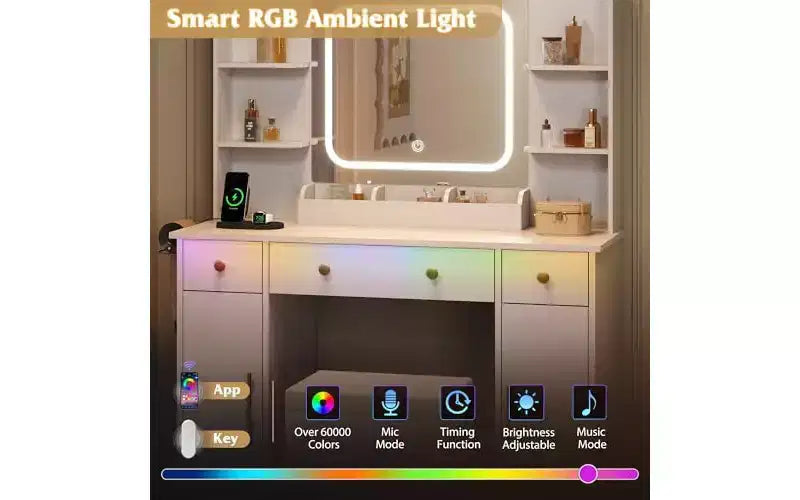 DEXYLLO Makeup Vanity Desk with Lights, LED Vanity with Lighted Mirror, Charging Station, RGB Vanity Table Set with 3 Drawers