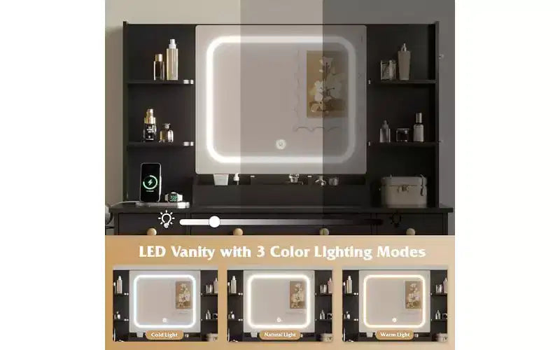 DEXYLLO Makeup Vanity Desk with Lights, LED Vanity with Lighted Mirror, Charging Station, RGB Vanity Table Set with 3 Drawers