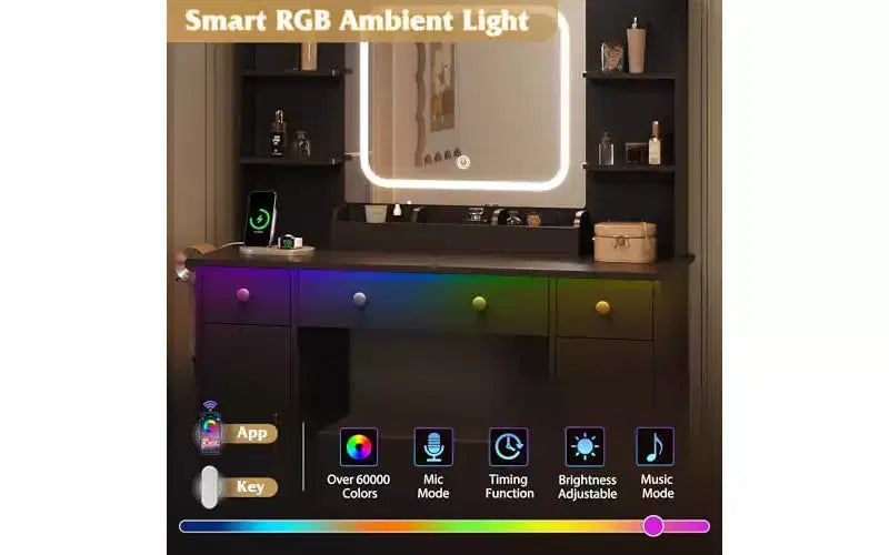 DEXYLLO Makeup Vanity Desk with Lights, LED Vanity with Lighted Mirror, Charging Station, RGB Vanity Table Set with 3 Drawers
