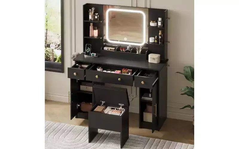 DEXYLLO Makeup Vanity Desk with Lights, LED Vanity with Lighted Mirror, Charging Station, RGB Vanity Table Set with 3 Drawers