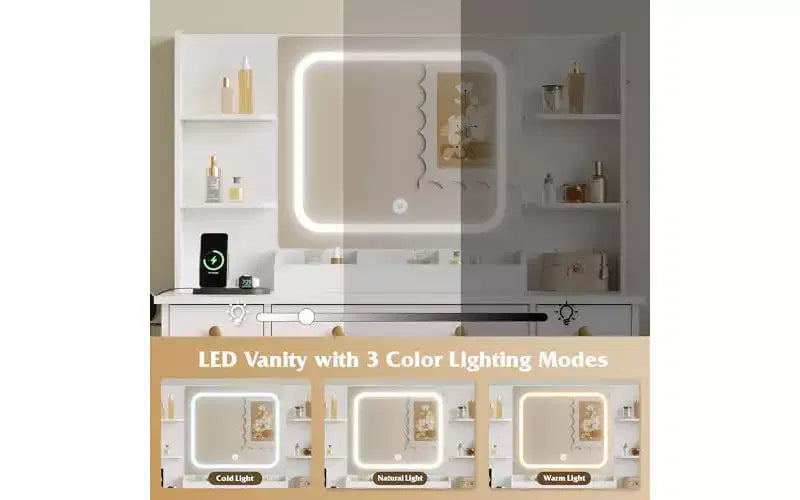 DEXYLLO Makeup Vanity Desk with Lights, LED Vanity with Lighted Mirror, Charging Station, RGB Vanity Table Set with 3 Drawers