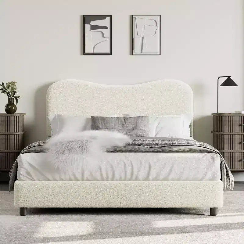 GustoWave Upholstered Boucle Bed Frame with Headboard, No Box Spring Needed