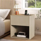 Set of 2 Fluted Nightstands w/ Charging Station & LED Light, Modern Wood End Table w/ Storage Drawer, Mid-Century Bedside Table for Bedroom