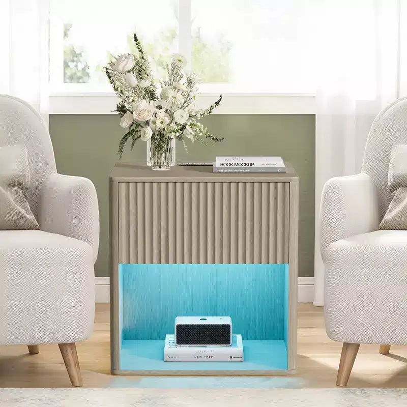 Set of 2 Fluted Nightstands w/ Charging Station & LED Light, Modern Wood End Table w/ Storage Drawer, Mid-Century Bedside Table for Bedroom