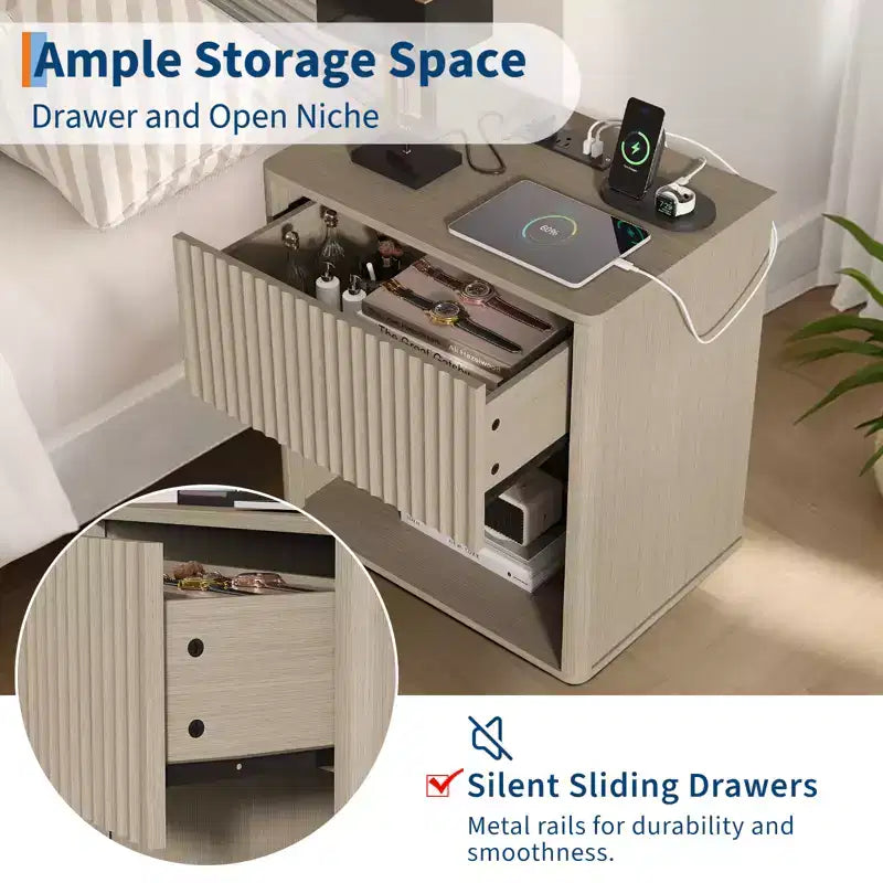 Set of 2 Fluted Nightstands w/ Charging Station & LED Light, Modern Wood End Table w/ Storage Drawer, Mid-Century Bedside Table for Bedroom
