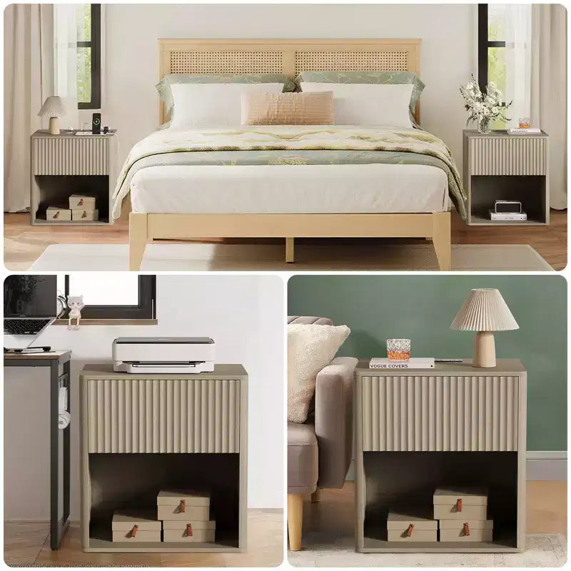 Set of 2 Fluted Nightstands w/ Charging Station & LED Light, Modern Wood End Table w/ Storage Drawer, Mid-Century Bedside Table for Bedroom