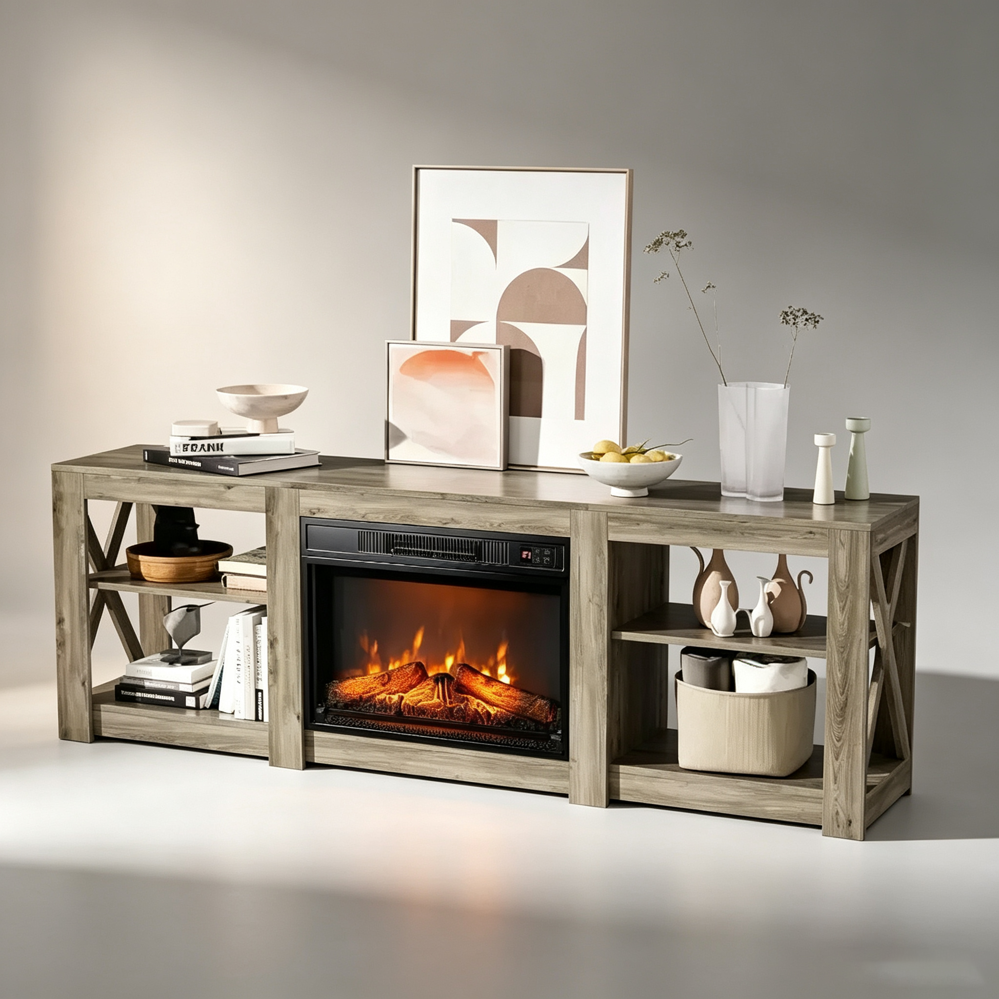 Meuble TV avec cheminée électrique et étagères réglables