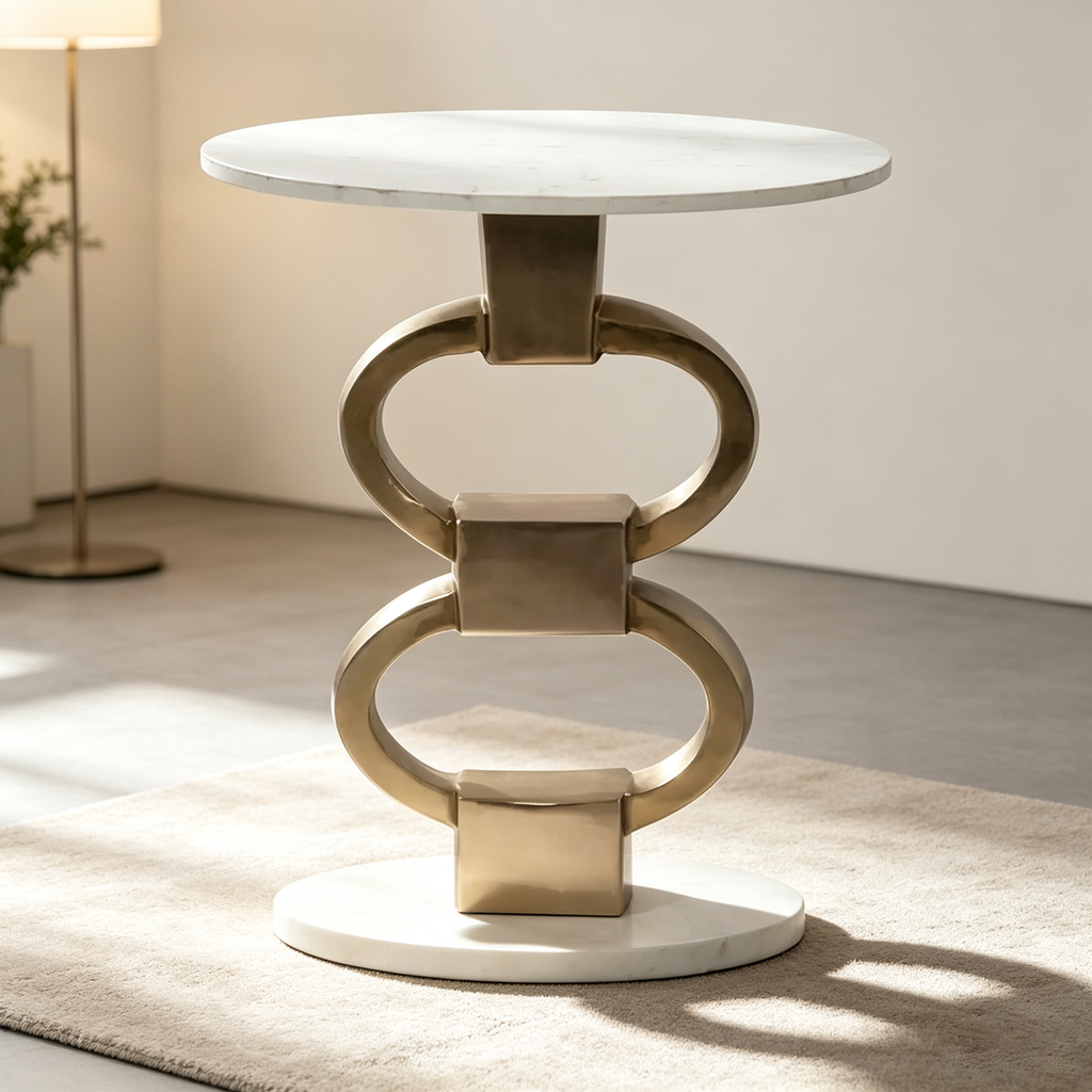 Table d'appoint moderne avec plateau en marbre blanc et base sculpturale en métal