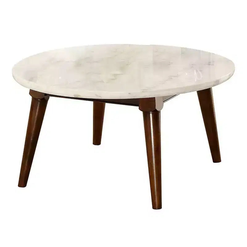 36" Gasha Coffee Table-White Marble Top & Walnut - Acme Furniture: Mid-Century Modern, Round, Wood Legs, No Tools Assembly
