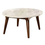 36" Gasha Coffee Table-White Marble Top & Walnut - Acme Furniture: Mid-Century Modern, Round, Wood Legs, No Tools Assembly