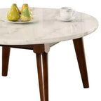 36" Gasha Coffee Table-White Marble Top & Walnut - Acme Furniture: Mid-Century Modern, Round, Wood Legs, No Tools Assembly