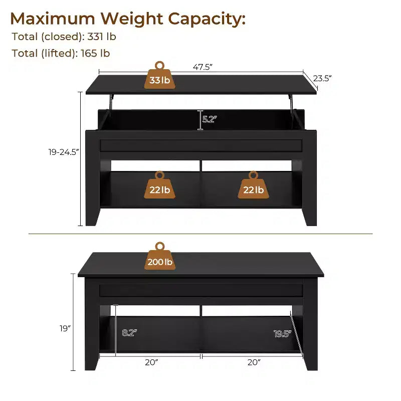 Yaheetech Lift Top Coffee Table with Hidden Compartment & 2 Open Shelves for Living Room
