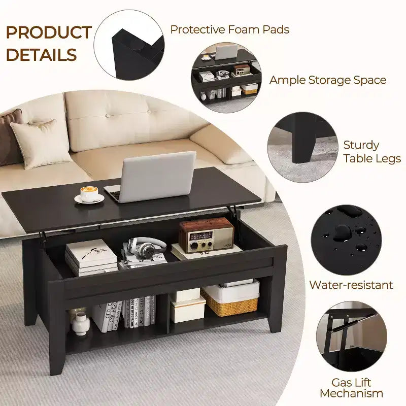 Yaheetech Lift Top Coffee Table with Hidden Compartment & 2 Open Shelves for Living Room