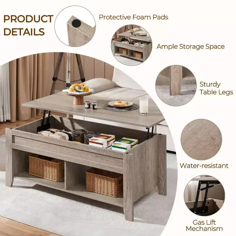 Yaheetech Lift Top Coffee Table with Hidden Compartment & 2 Open Shelves for Living Room