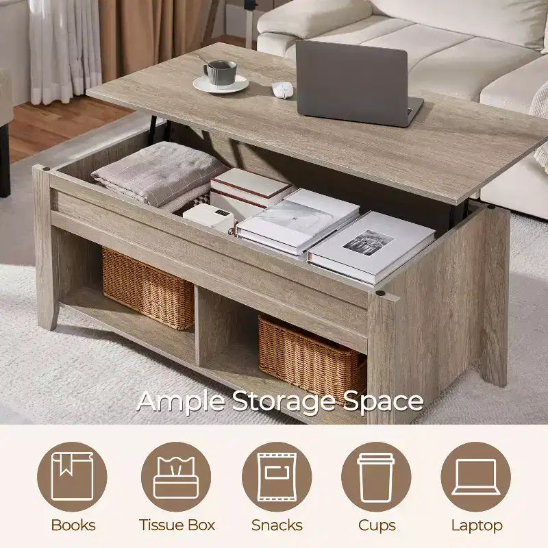 Yaheetech Lift Top Coffee Table with Hidden Compartment & 2 Open Shelves for Living Room