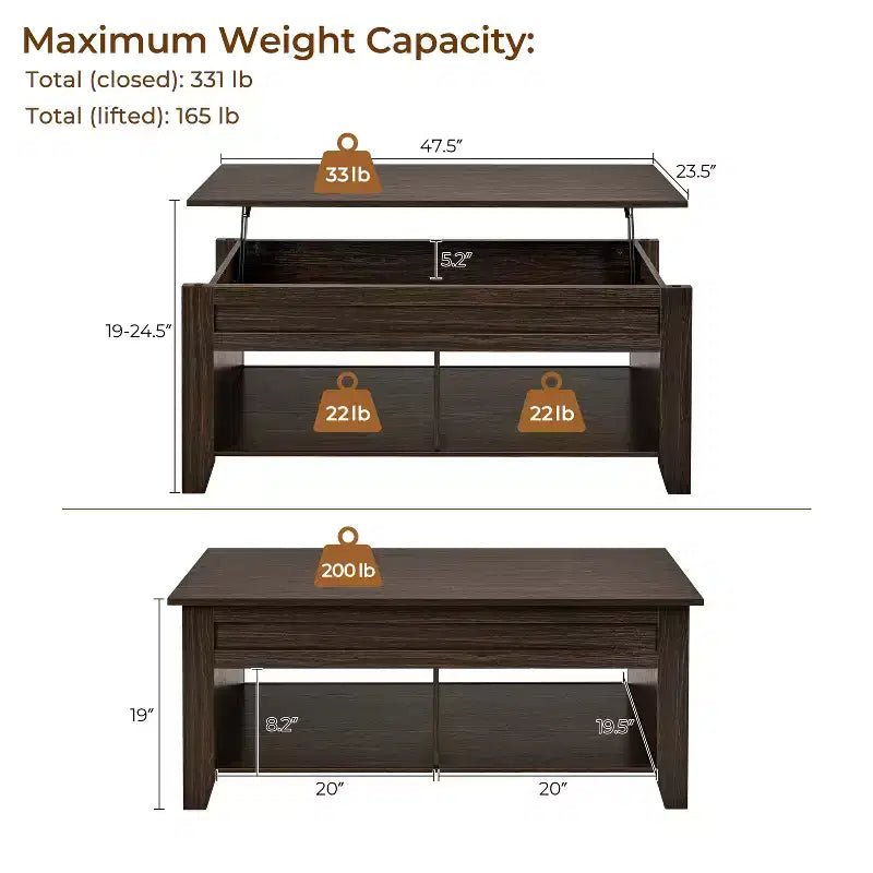 Yaheetech Lift Top Coffee Table with Hidden Compartment & 2 Open Shelves for Living Room