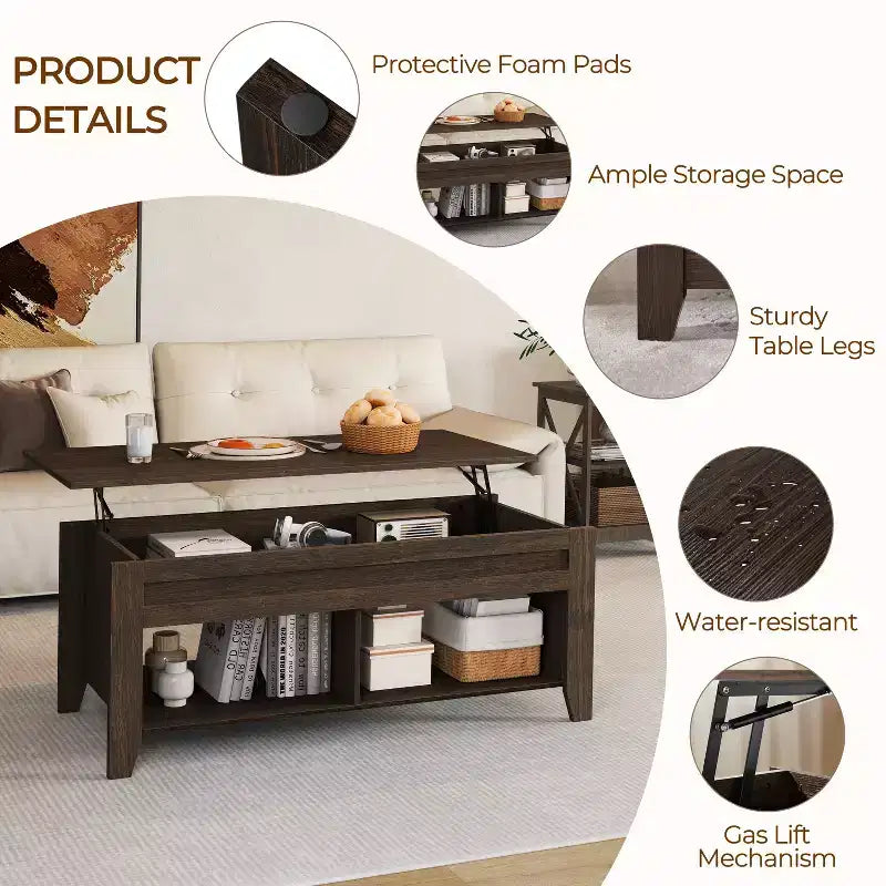 Yaheetech Lift Top Coffee Table with Hidden Compartment & 2 Open Shelves for Living Room