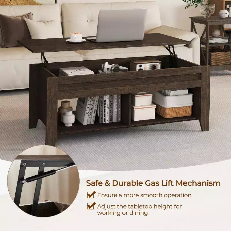 Yaheetech Lift Top Coffee Table with Hidden Compartment & 2 Open Shelves for Living Room